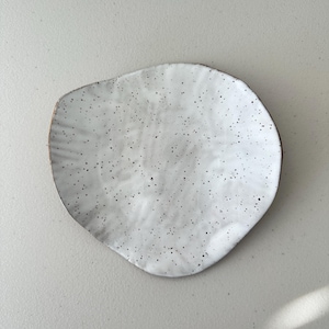 May include: A white ceramic plate with a speckled glaze. The plate has an irregular, organic shape.