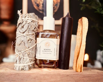 Ritualkit Schutz Bereinigung negativer Energien mit Palo Santo Desert Sage Schutzöl und Kerze. Schutzritual