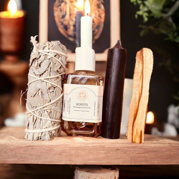 Ritualkit Schutz Bereinigung negativer Energien mit Palo Santo Desert Sage Schutzöl und Kerze. Schutzritual