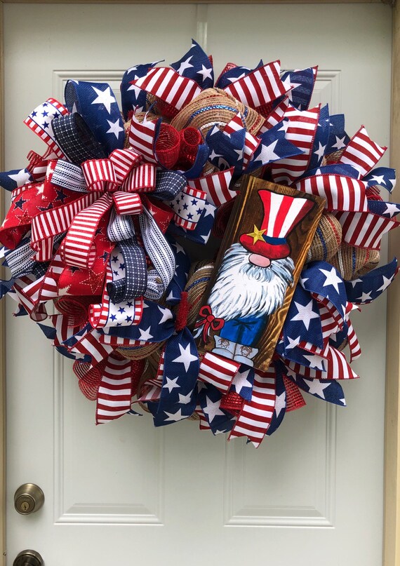 Gnome Patriotic Wreath Patriotic Door Wreath Front Door Etsy