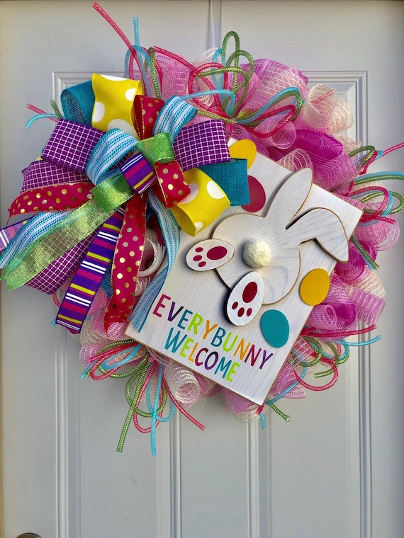 Easter Door Wreath Pink Purple Turquoise Spring Welcome Wreath Easter Bunny Door Wreath
