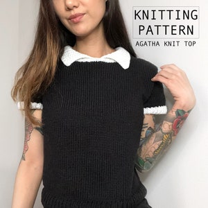 Peut inclure: Patron de tricot pour un haut en tricot noir avec un col blanc et des bordures blanches sur les manches. Le patron s'appelle "Agatha Knit Top".