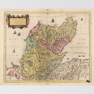 May include: An antique map of the northernmost part of Scotland, titled "Extima Scotia", with the text "Mare Vergivm" at the bottom left and "Oceano Deucaledonius" at the top. The map is printed on aged paper and features a detailed depiction of the region's geography, including rivers, mountains, and coastlines.