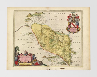 May include: An antique map of the region of Eskdale in Scotland, with a detailed depiction of the landscape and rivers. The map is surrounded by a decorative border with coats of arms and text in Latin.