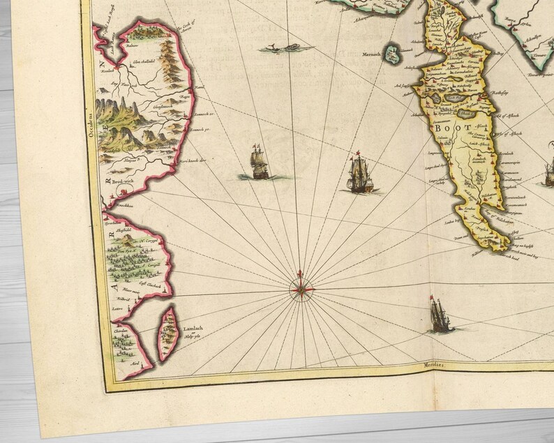 May include: An antique map of the Boot, a region in the Netherlands, with detailed coastline and inland features. The map is drawn in a vintage style with handwritten text and illustrations of ships.