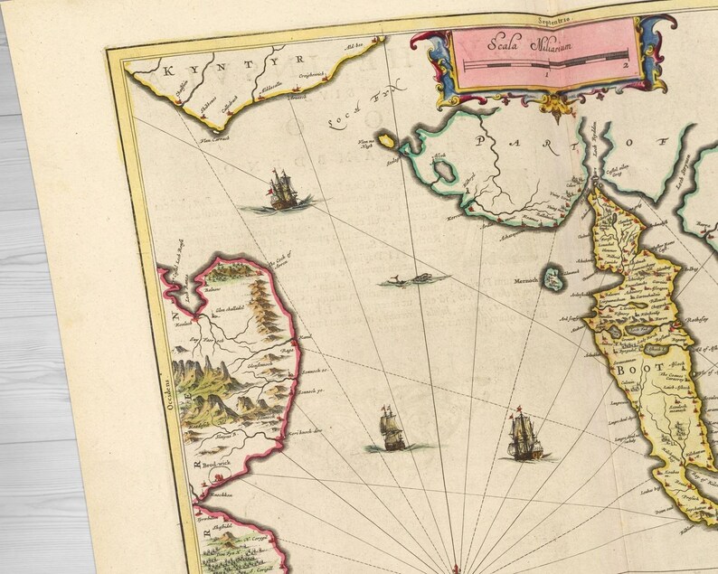 May include: An antique map of the coast of the Netherlands, with a compass rose in the center and a scale bar in the upper right corner. The map is printed on paper and has a yellowed, aged appearance. The map shows the coastline of the Netherlands, with various towns and cities labeled in Dutch. The map also shows the location of various islands and inlets.