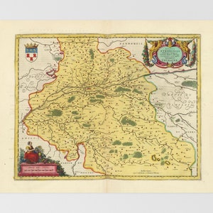 May include: An antique map of the Duchy of Lorraine, a historical region in eastern France. The map is hand-colored and features a detailed depiction of the region's geography, including rivers, forests, and towns. The map is surrounded by a decorative border and includes a coat of arms in the upper right corner.