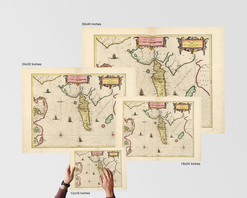May include: A vintage map of the South Sea Islands, printed in the 17th century, showing the islands of Java, Sumatra, and Borneo. The map is printed in shades of brown, green, and blue, with a decorative border and title cartouche. The map is available in five different sizes: 12x16 inches, 18x24 inches, 24x32 inches, 32x40 inches, and 40x50 inches.