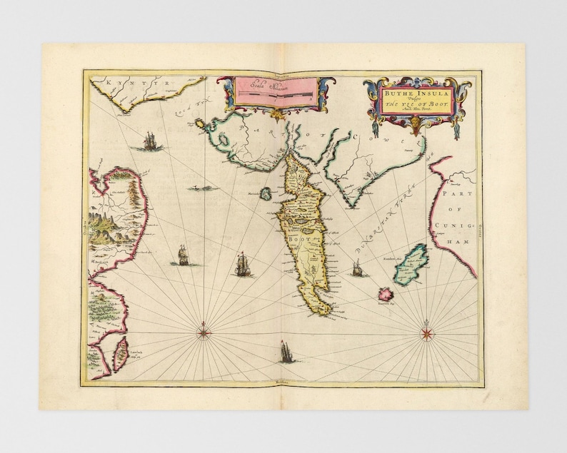 May include: An antique map of the island of  "Ruyter's Insula" or "The Isle of Roor" with a compass rose and a decorative border. The map is printed on paper and has a yellowed, aged appearance.