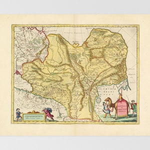 May include: An antique map of China and surrounding regions, printed in shades of brown, green, and yellow. The map features detailed borders, rivers, and mountains. A small illustration of a camel caravan is in the lower right corner.
