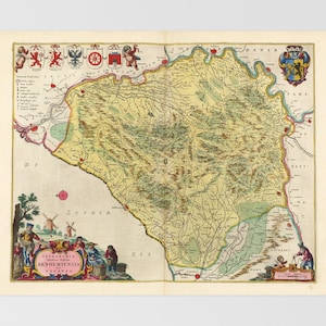 May include: A detailed, antique map of a region, with intricate line work and a palette of yellow, green, and brown. The map includes text, illustrations, and decorative elements, with a title in Latin. The map is on a cream-coloured background.