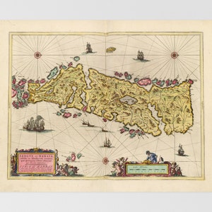 May include: An antique map of the island of Harata, with a detailed depiction of its coastline, rivers, and surrounding waters. The map is surrounded by a decorative border with cherubs and a title cartouche that reads "LEGOVS of HARATA".