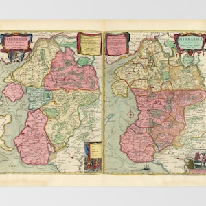 May include: A vintage map of Dithmarschen, featuring detailed cartography with pink, green, and yellow hues. The map is divided into sections, with text in ornate fonts and decorative borders. The map is printed on aged paper.