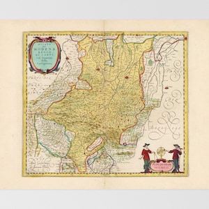 Puede incluir: Un mapa antiguo del Ducado de Módena y Reggio, con el título "Duccato di Modena e Regio et Carpi col Dominio della Carigiana". El mapa está en un esquema de colores amarillo, verde y marrón y presenta una rosa de los vientos en la esquina inferior derecha.