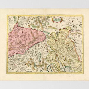 May include: An antique map of Switzerland, showing the country's regions and rivers. The map is printed in black, brown, green, and red ink on a cream-colored paper. The map is titled "Zurichow" and includes the text "Zurichow, oder das Landgrafschaft Zurich."