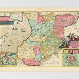 May include: An antique map of Ditmarsche, a region in Germany, with detailed borders and markings. The map is printed on aged paper with a light brown hue and features a decorative border. The map includes a key and a small illustration of people in traditional clothing.