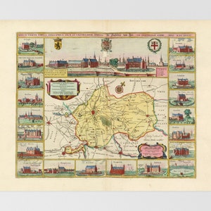 Puede incluir: Impresión de mapa antiguo que presenta una representación cartográfica detallada de una región, probablemente una ciudad o provincia. El mapa está en tonos de amarillo, marrón y verde, con numerosos edificios y puntos de referencia ilustrados alrededor del perímetro. Texto en latín visible.