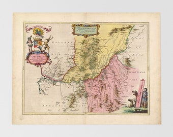 May include: An antique map of the Vicomte of Nithia, a region in France, from 1647. The map is in shades of yellow, pink, and green, with a scale bar and a coat of arms in the upper left corner. The map is titled "NITHIA VICOMITATUS, The Vicomte of NITHIA, 1647."