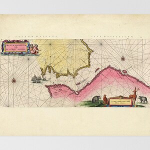 May include: An antique map of the Strait of Malacca, also known as the Strait of Malacca, with a compass rose and a scale bar. The map is printed on paper and has a yellowed color. The map is surrounded by a decorative border with a coat of arms and a deer.