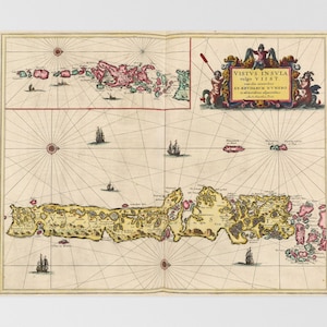 May include: An antique map of the island of Vis, also known as Lissa, in the Adriatic Sea. The map is printed on paper and features a compass rose, a decorative cartouche, and a detailed coastline.