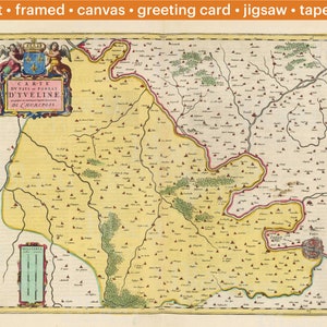 May include: An antique map of the Yveline region of France, printed in yellow, green, and red. The map is titled "CARTE DY PATS FOREST D'YVELINE DE MUREPOJS."