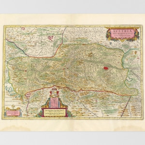 May include: An antique map of Austria, titled "AVSTRIA ARCHIDVCATV'S", with detailed borders and geographic features. The map is printed on aged paper with a cream background and features a decorative border.