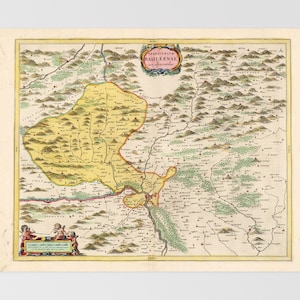 May include: A vintage map titled "Territorium Basileense" with detailed illustrations of a region. The map features a yellow and brown color scheme, with green areas representing forests and hills. The map is framed with a decorative border and includes small figures.