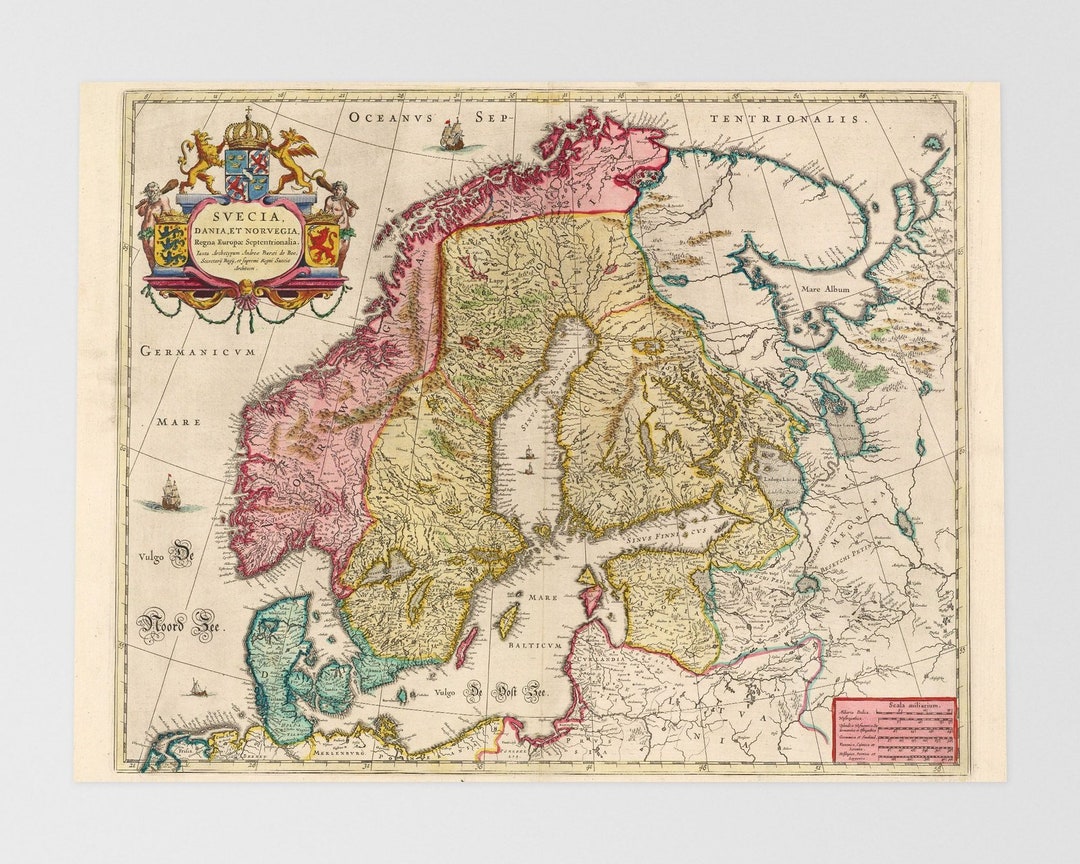Old Map Nordic Countries Stockholm, Helsinki, Saint Petersburg, Oslo