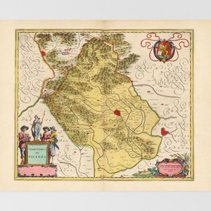 May include: An antique map of the territory of Vicenza, Italy, with a yellow background and green and brown details. The map is surrounded by a decorative border with a coat of arms in the upper right corner. The title "Territorio di Vicenza" is written in a banner at the bottom left corner.