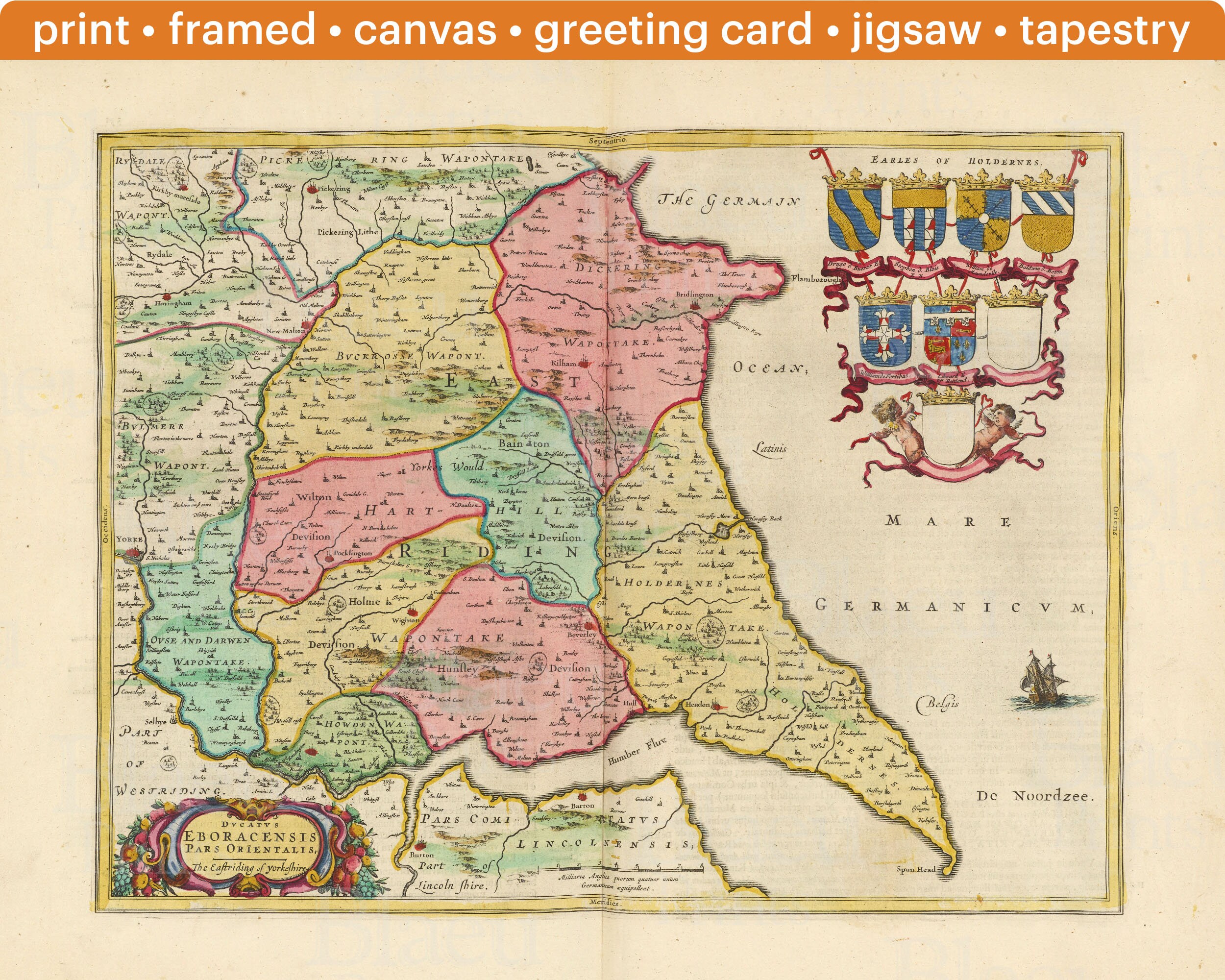 Medieval Map Of Yorkshire The Eastriding Of Yorkshire Old Map Of Yorkshire | Etsy Canada