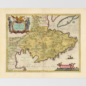 May include: An antique map of Istria, a region in the Adriatic Sea, with a title cartouche and decorative borders. The map is in a vintage style with a yellowed background and hand-drawn lines.