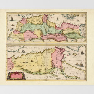Pode incluir: Dois mapas antigos do Norte de África, com informações geográficas detalhadas. Os mapas são divididos em regiões com várias cores, incluindo rosa, verde e amarelo. A palavra "BARBARIA" é visível no mapa inferior, com bordas decorativas e texto.