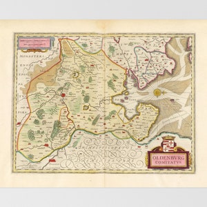May include: An antique map of the County of Oldenburg, Germany, featuring a coat of arms in the bottom right corner. The map is in shades of brown, green, and yellow, with a compass rose in the centre. The text on the map is in German.