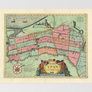 May include: A vintage, colorful map titled "Agri Zypani Nova delscript" with a detailed depiction of a coastal region. The map features a compass rose, sailing ships, and a decorative cartouche. The land is divided into rectangular plots.