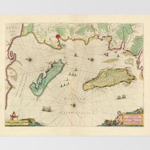 Puede incluir: Un mapa antiguo de la Isla de Wight, Inglaterra, con una costa detallada y aguas circundantes. El mapa está impreso en papel envejecido con una rosa de los vientos y símbolos náuticos. El título "Insula Vectis, sive insula de Wight" está impreso en la esquina inferior derecha.