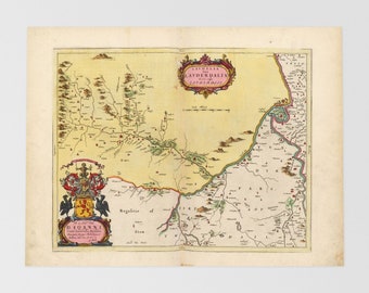 May include: An antique map of Lavderdallia, a region in Scotland, with a coat of arms in the bottom left corner and the text "Regalitie of Stow" in the bottom center. The map is printed on a yellowed paper with brown and red accents.