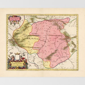 May include: An antique map of the Teruel and Albarracin region of Spain. The map is in shades of pink, yellow, and green, with a decorative border and a coat of arms in the lower left corner. The map is titled "Episcopatus Teruelensis et Albaracinensis."