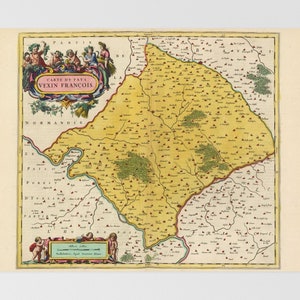 May include: An antique map of the Vexin Francais region of France, printed in the 17th century. The map is hand-colored and features a decorative border with cherubs and a title cartouche. The map shows the towns and villages of the region, as well as the surrounding countryside.