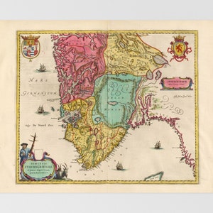 May include: A detailed, antique map with vibrant colors, featuring regions in pink, yellow, and green. The map includes illustrations of ships, coats of arms, and text in Latin. The title "Diocesis Stavangriensis" is visible at the bottom.
