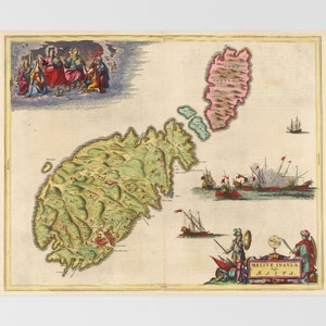May include: An antique map of Malta, showing the island's coastline and interior. The map is hand-colored and features a decorative border with a scene of people in the upper left corner. The text "MELITE INSULA, MALTA" is printed in the lower right corner.