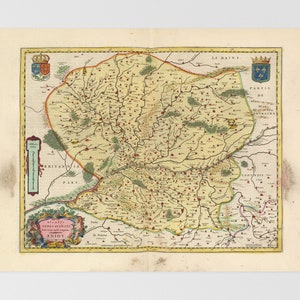 May include: An antique map of the Duchy of Anjou, a region in France, with a detailed depiction of towns, rivers, and forests. The map is surrounded by a decorative border and includes a coat of arms in the upper right corner.