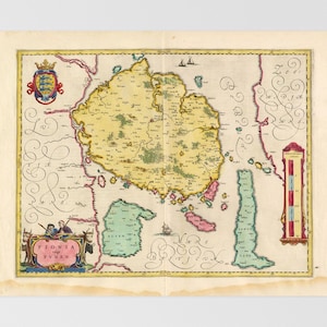 May include: A vintage map of Fionia, featuring a detailed depiction of the island with surrounding waters. The map is colored in shades of yellow, green, pink, and blue, with decorative elements and text. The map is framed with a decorative border.