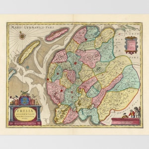 Friesland Old Map | Leeuwarden, Sneek, Franeker, Dokkum, Drachten, Friesland, Netherlands, Oppenhuizen, Aldeboarn, Nes, Frisian Islands, Lau