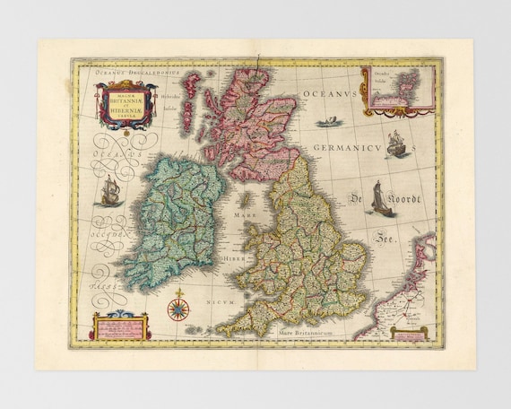 イギリス 地図 アンティーク イギリス諸島の地図 } 古き良きイギリス地図：ロンドン、ダブリン