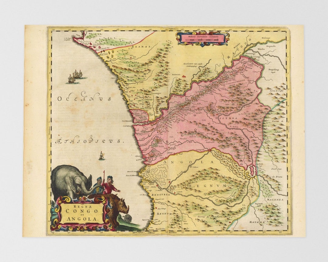Old Map Central Africa | Kinshasa, Luanda, Matadi, Brazzaville, Kayes ...