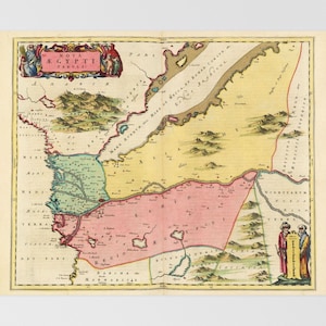 Może przedstawiać: Antyczna mapa Egiptu, z żywymi kolorami i skomplikowanymi detalami. Mapa, zatytułowana "Nova Aegypti Tabula", przedstawia cechy geograficzne, etykiety tekstowe i elementy dekoracyjne. Historyczny element kartograficzny.