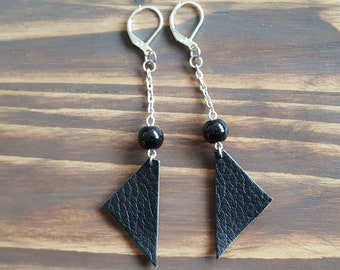 Silver Chain Earrings. Long Earrings. Black Leather Earrings. Simple Earrings. Everyday Earrings. Triangle Earrings. Geometric Earrings.