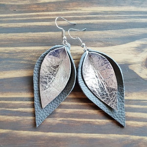 Leather Earrings, Leather Leaf Earrings, Grey Earrings, Silver Earrings, Boho Jewelry, Boho Earrings