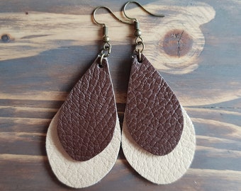 Leather Teardrop Earrings, Double Leather Earrings, Layered Earrings, Boho Earrings, Boho Jewelry, Brown Leather Earrings, Bohemian Earrings