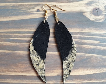 Leather Earrings, Feather Earrings, Leather Feather Earrings, Black Leather Earrings, Black Feather Earrings, Boho Earrings, Leather jewelry